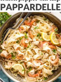 Lemon pepper shrimp pappardelle.