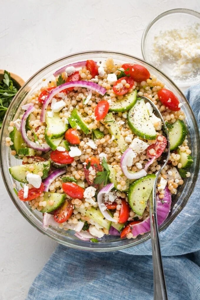Pearl Couscous Salad with Cucumbers, Tomatoes, and Feta