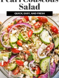 A pearl or Israeli couscous salad with cucumber, tomatoes, and feta is a fun, flavorful spring and summer side! Add a simple lemon dressing for an easy, healthy Mediterranean recipe everyone loves. This can be made ahead and served cold or at room temperature.