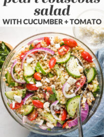 A pearl or Israeli couscous salad with cucumber, tomatoes, and feta is the perfect side dish for spring or summer! Add a simple lemon dressing for an easy, healthy Mediterranean recipe everyone loves. Can be made ahead and served cold or at room temperature.