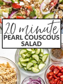 A pearl or Israeli couscous salad with cucumber, tomatoes, and feta is a fun, flavorful spring and summer side! Add a simple lemon dressing for an easy, healthy Mediterranean recipe everyone loves. This can be made ahead and served cold or at room temperature.
