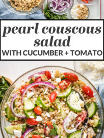 A pearl or Israeli couscous salad with cucumber, tomatoes, and feta is the perfect side dish for spring or summer! Add a simple lemon dressing for an easy, healthy Mediterranean recipe everyone loves. Can be made ahead and served cold or at room temperature.