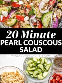 A pearl or Israeli couscous salad with cucumber, tomatoes, and feta is a fun, flavorful spring and summer side! Add a simple lemon dressing for an easy, healthy Mediterranean recipe everyone loves. This can be made ahead and served cold or at room temperature.