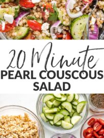 A pearl or Israeli couscous salad with cucumber, tomatoes, and feta is a fun, flavorful spring and summer side! Add a simple lemon dressing for an easy, healthy Mediterranean recipe everyone loves. This can be made ahead and served cold or at room temperature.