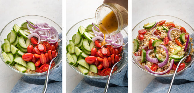 Hand pouring dressing and mixing salad in a bowl.