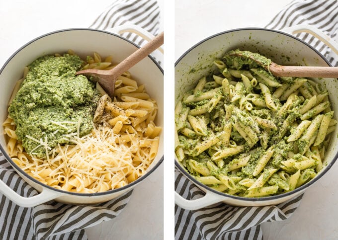 Collage showing pasta, pesto, and Parmesan being mixed in a pot.