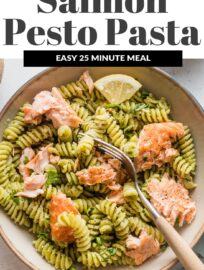 This Salmon Pesto Pasta recipe comes together in 25 minutes for a comforting yet healthy one-bowl meal. Roasting the salmon is hands-off yet delivers light flavor and texture, and using either homemade or jarred pesto to keep it flexible and weeknight-friendly.