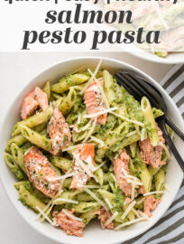 This salmon pesto pasta recipe is delicious and simple to make! It uses a handful of everyday ingredients and is an easy, comforting, and healthy dinner.