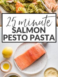 This Salmon Pesto Pasta recipe comes together in 25 minutes for a comforting yet healthy one-bowl meal. Roasting the salmon is hands-off yet delivers light flavor and texture, and using either homemade or jarred pesto to keep it flexible and weeknight-friendly.