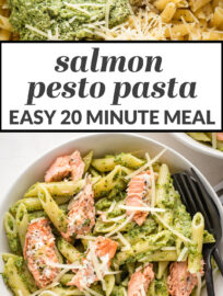 This salmon pesto pasta recipe is delicious and simple to make! It uses a handful of everyday ingredients and is an easy, comforting, and healthy dinner.