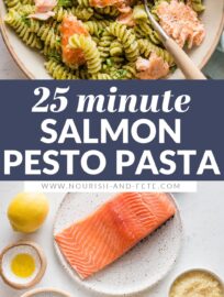 This Salmon Pesto Pasta recipe comes together in 25 minutes for a comforting yet healthy one-bowl meal. Roasting the salmon is hands-off yet delivers light flavor and texture, and using either homemade or jarred pesto to keep it flexible and weeknight-friendly.