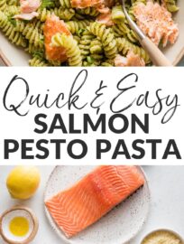 This Salmon Pesto Pasta recipe comes together in 25 minutes for a comforting yet healthy one-bowl meal. Roasting the salmon is hands-off yet delivers light flavor and texture, and using either homemade or jarred pesto to keep it flexible and weeknight-friendly.