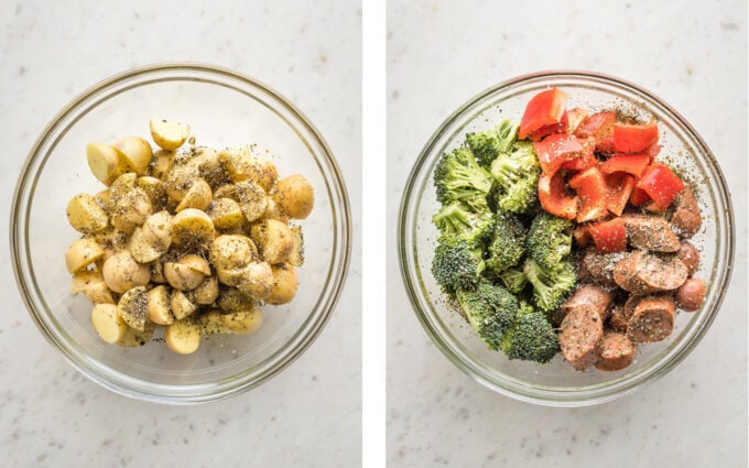 Collage image of clear prep bowls containing seasoned potatoes, sausage, broccoli, and peppers.