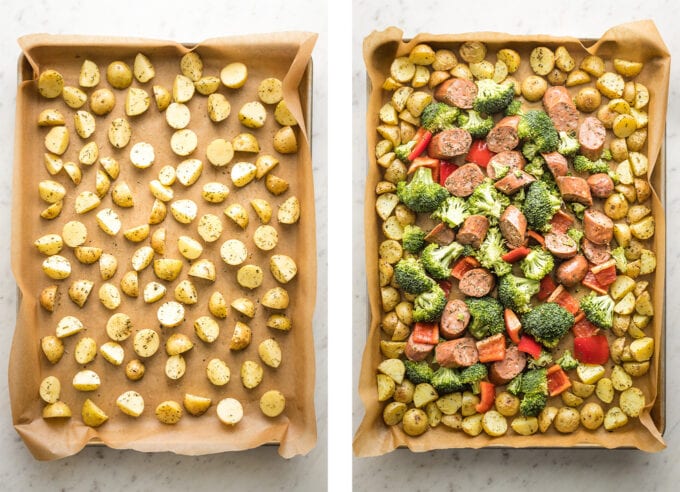 Collage with one image showing potatoes spread out on baking sheet and another showing potatoes pushed to edges and sausage and veggies piled in the middle.