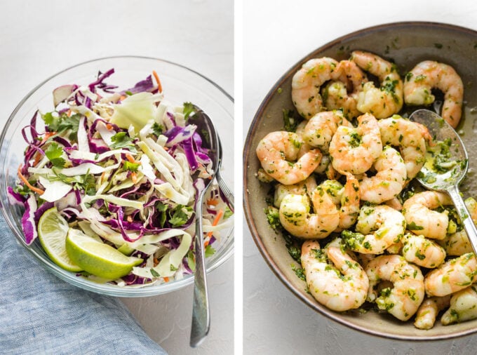 Collage showing mixed cabbage slaw and shrimp mixed with green adobo sauce.