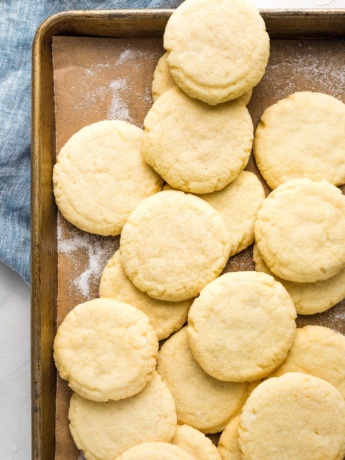 Old-fashioned Amish sugar cookies on a baking sheet.