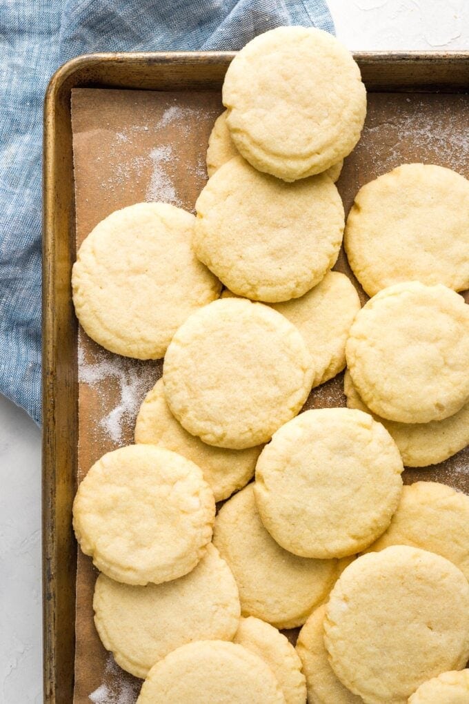 Old-fashioned Amish sugar cookies on a baking sheet.