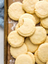 Old-fashioned Amish sugar cookies on a baking sheet.