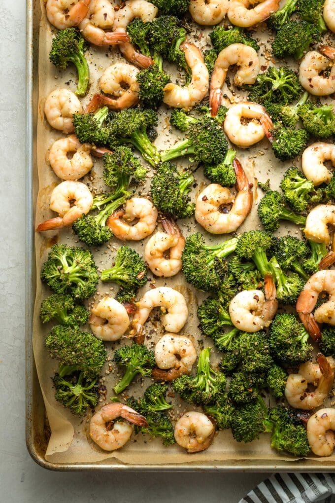 Fully cooked shrimp and broccoli.
