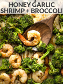 Collage image with text reading, "sheet pan honey garlic shrimp + broccoli"