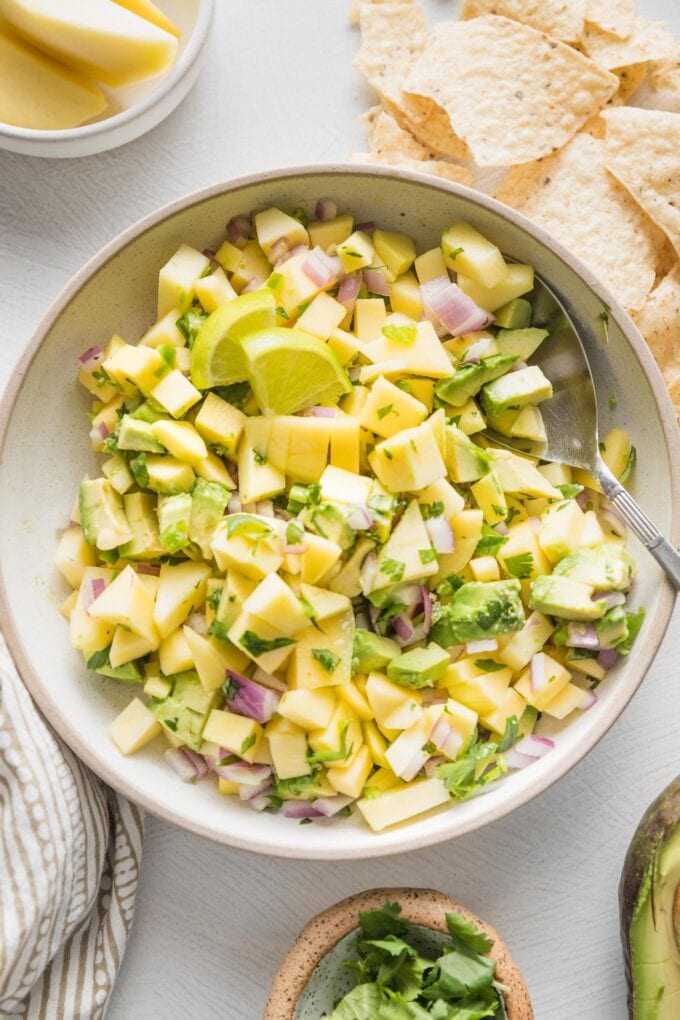 Bowl filled with mango avocado salsa and tortilla chips off to the side.