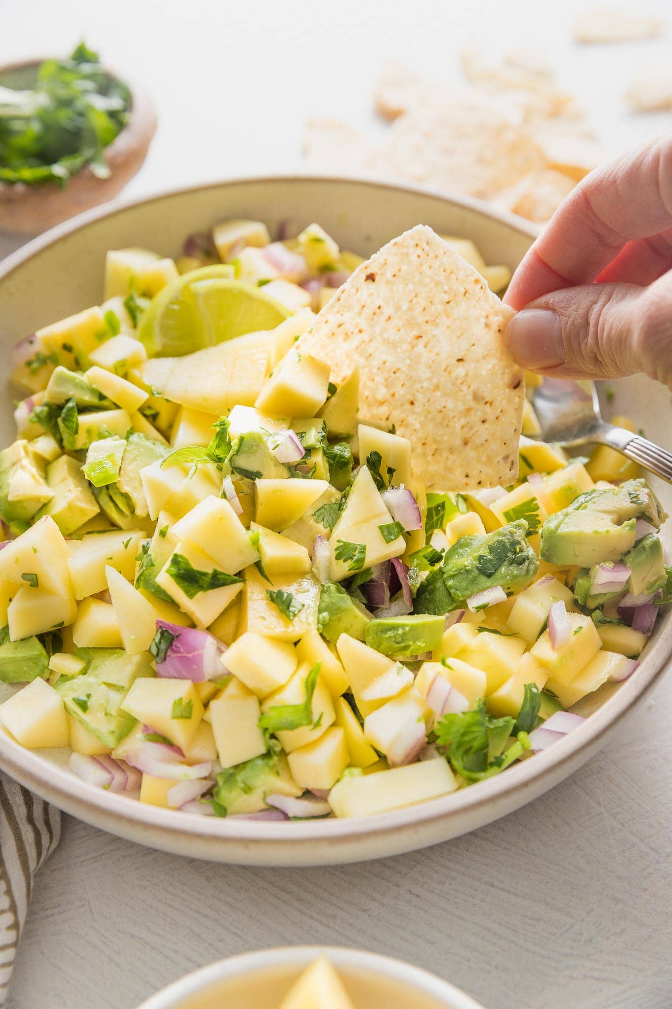 Hand dipping a tortilla chip into fresh mango avocado salsa.