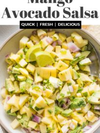 Fresh, vibrant, and delicious, this Mango Avocado Salsa hits all the right notes: sweet and savory, with a little kick and a lot of lime! This makes a fantastic appetizer or a simple yet elevated topping for tacos, chicken, or fish.