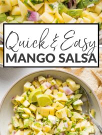 Fresh, vibrant, and delicious, this Mango Avocado Salsa hits all the right notes: sweet and savory, with a little kick and a lot of lime! This makes a fantastic appetizer or a simple yet elevated topping for tacos, chicken, or fish.