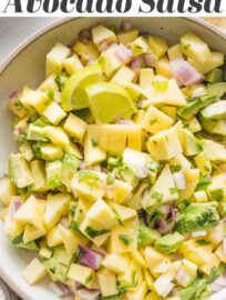 Fresh, vibrant, and delicious, this Mango Avocado Salsa hits all the right notes: sweet and savory, with a little kick and a lot of lime! This makes a fantastic appetizer or a simple yet elevated topping for tacos, chicken, or fish.