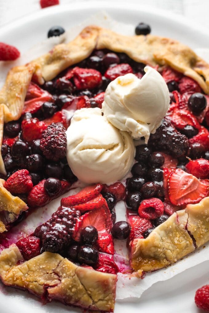 Sliced galette ready to serve with ice cream.