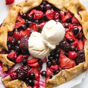 Galette with mixed berries served with vanilla ice cream.