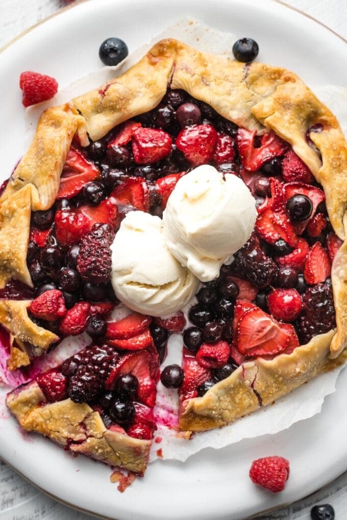 Galette with mixed berries served with vanilla ice cream.