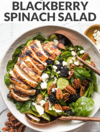 Photo of a large salad with spinach, blackberries, cucumber, and grilled chicken, in a white bowl ready to serve, with overlaid text, 