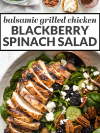 Collage image of ingredients and an assembled blackberry spinach, with the text 