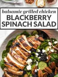 Collage image of ingredients and an assembled blackberry spinach, with the text "balsamic grilled chicken blackberry spinach salad."