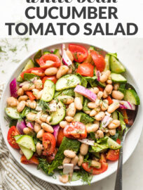 Collage image showing white bean salad in bowls with the text, "white bean cucumber tomato salad."
