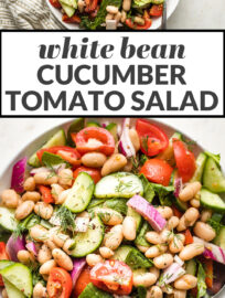 Collage image showing white bean salad in bowls with the text, "white bean cucumber tomato salad."