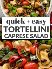 This tortellini Caprese salad is fresh, fast, and full of bright summer flavors! A simple balsamic dressing elevates these classic ingredients to the best quick lunch, easy dinner, or picnic fare that is likely to earn rave reviews.
