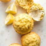 Close-up overhead photo of lemon zucchini muffins.