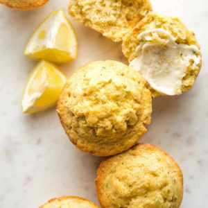 Close-up overhead photo of lemon zucchini muffins.