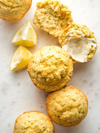 Close-up overhead photo of lemon zucchini muffins.