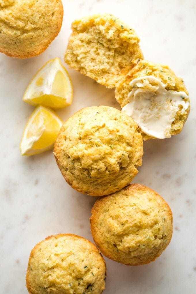 Close-up overhead photo of lemon zucchini muffins.