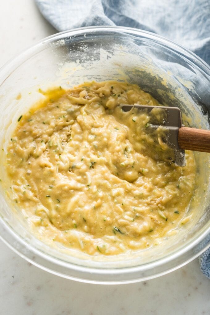 Prep bowl with fully mixed muffin batter.