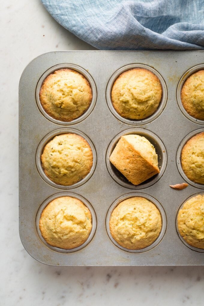 Baked muffins in a tin.