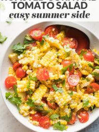 This delicious roasted corn and tomato salad is proof that sometimes simple is best. Just three ingredients and you have the star of every summer dinner, potluck, and barbecue! Vegan and gluten-free.