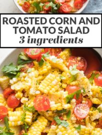 This delicious roasted corn and tomato salad is proof that sometimes simple is best. Just three ingredients and you have the star of every summer dinner, potluck, and barbecue! Vegan and gluten-free.