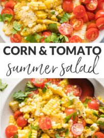 This delicious roasted corn and tomato salad is proof that sometimes simple is best. Just three ingredients and you have the star of every summer dinner, potluck, and barbecue! Vegan and gluten-free.