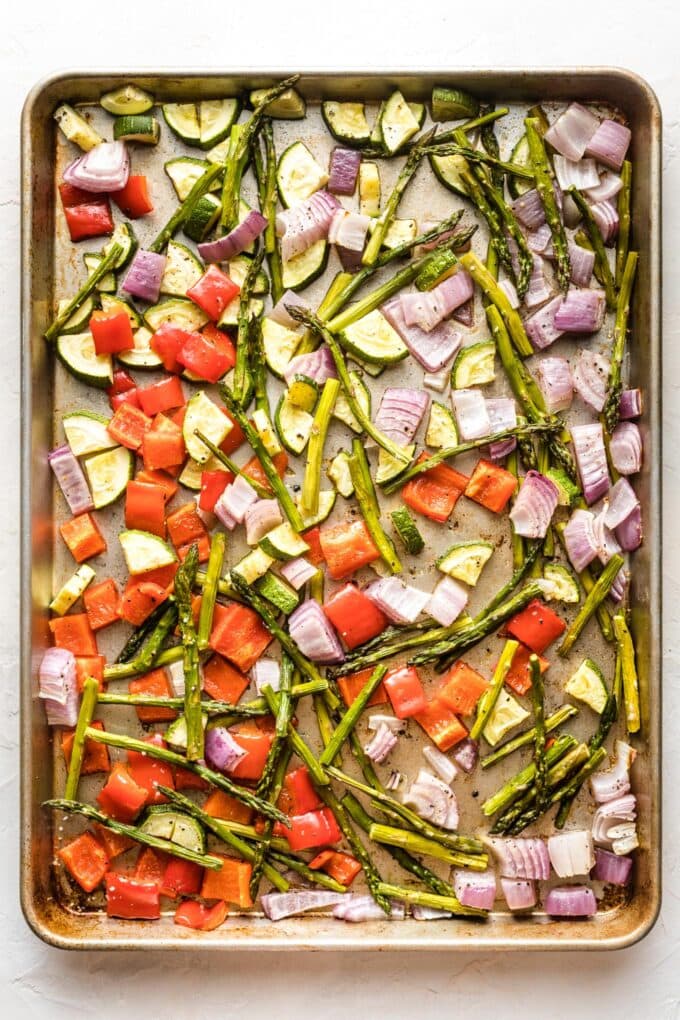 Sheet pan full of just-roasted veggies.