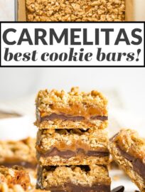 This is the fool-proof easy recipe you need for carmelita bars! AKA the most amazing bar cookies, with layers of soft caramel and chocolate sandwiched in an oatmeal cookie crust, guaranteed to earn rave reviews from everyone, every time!