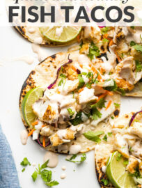 Fish tacos so delicious, you'll forget how incredibly healthy they are. Flaky chili-lime fish, crunchy cilantro-cabbage slaw, and a light adobo crema make an irresistible combination.
